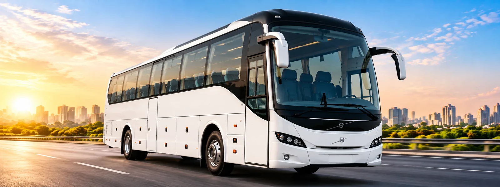 White luxury tourist coach driving on a city highway at sunrise