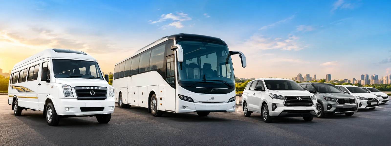 Sairam Travels fleet: Force Tempo Traveller, tourist coach, Toyota Innova, Kia Carens and cars lined up
