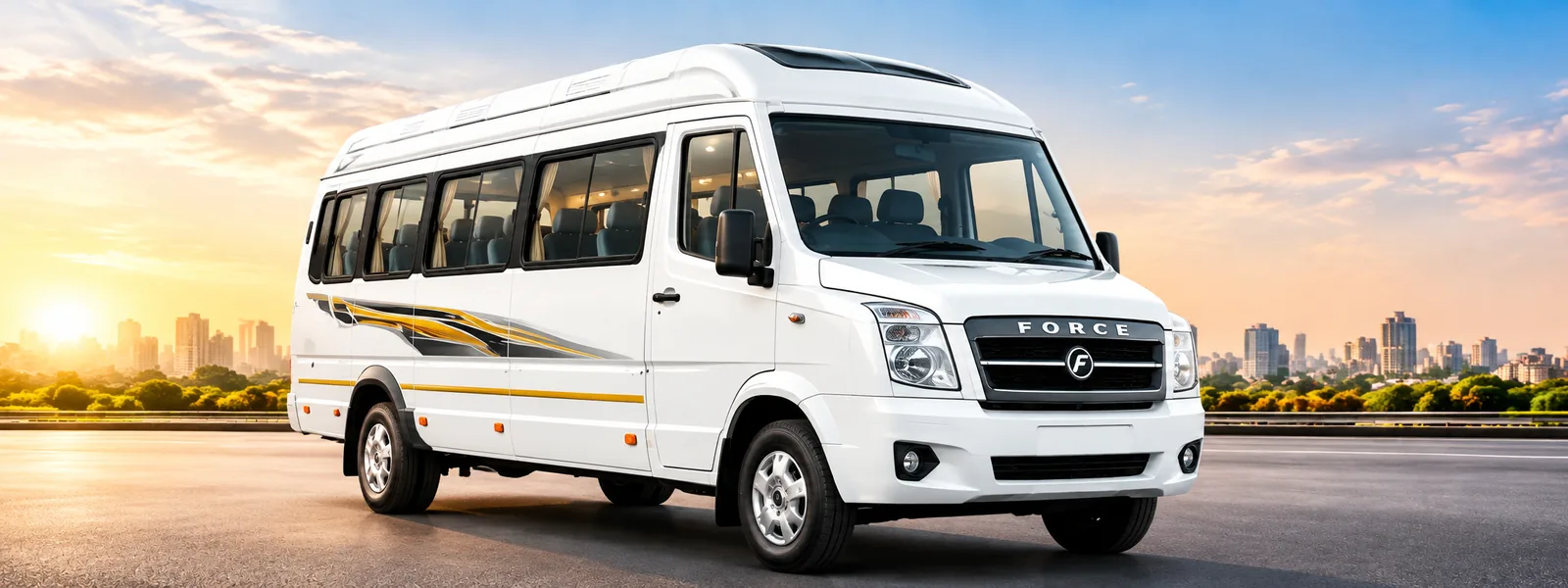 White Force Tempo Traveller parked against the Chennai skyline at sunset