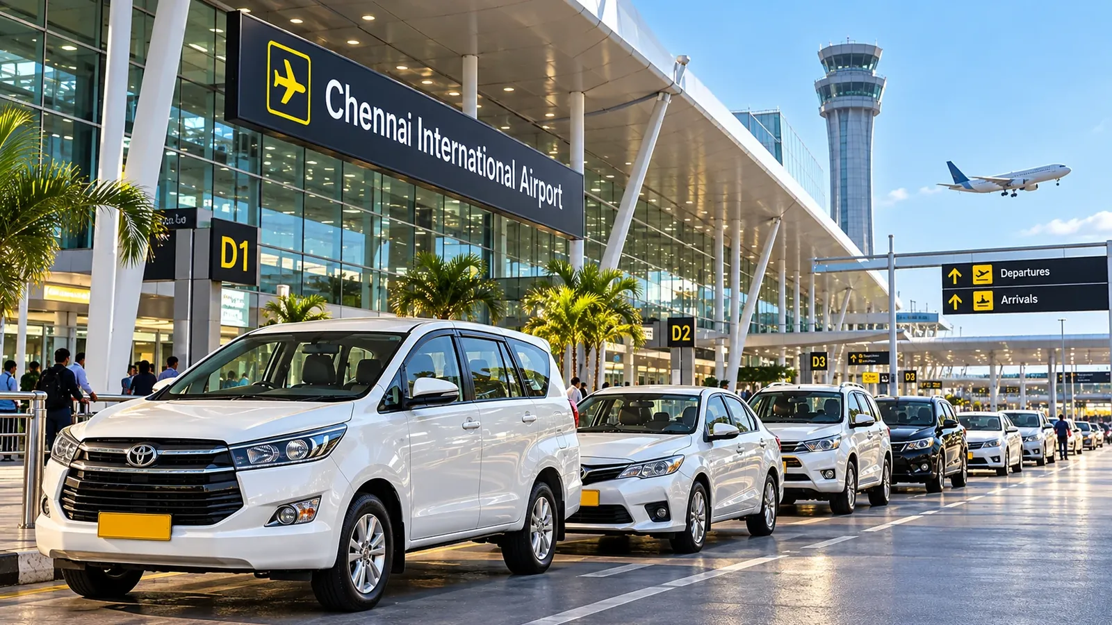 Innova and cars lined up outside Chennai International Airport