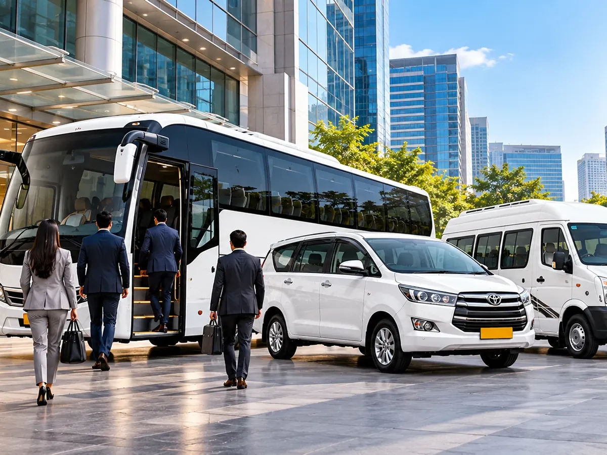 Business travellers boarding a coach beside an Innova and Tempo Traveller