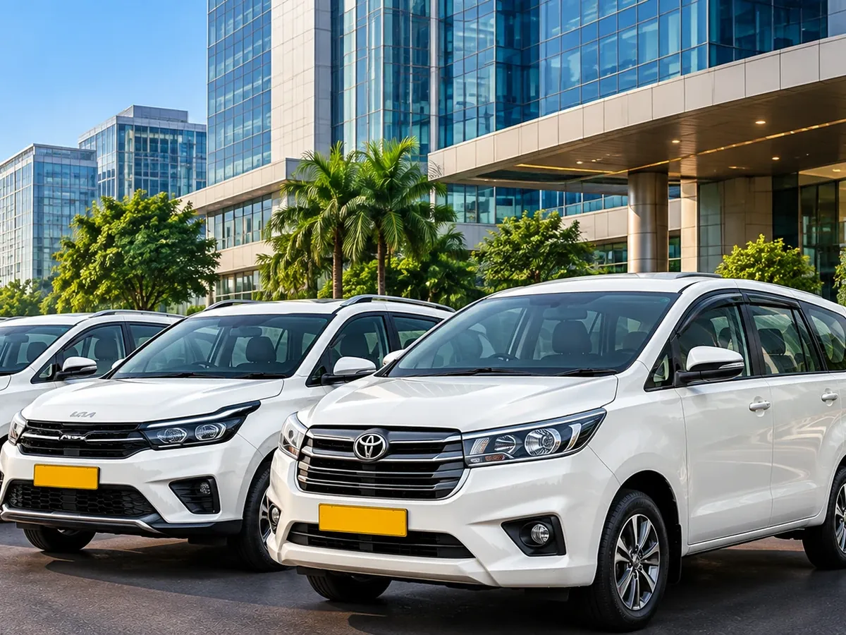 White Innova and cars lined up outside a corporate office building
