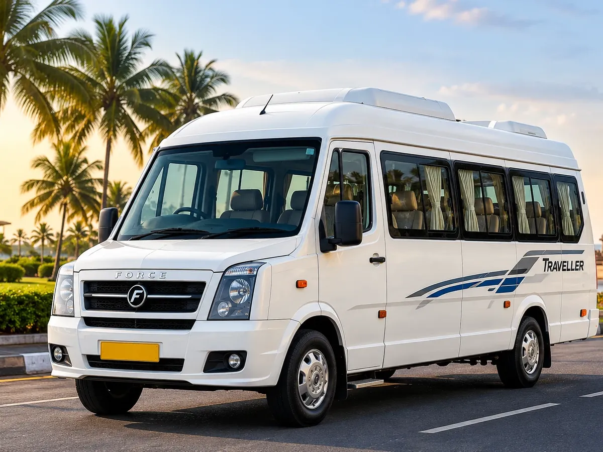 White Force Tempo Traveller parked on a palm-lined road