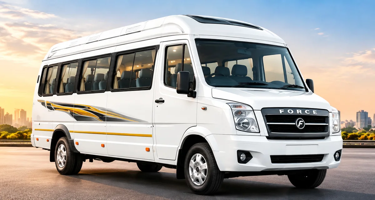 White Force Tempo Traveller on a city road at sunset